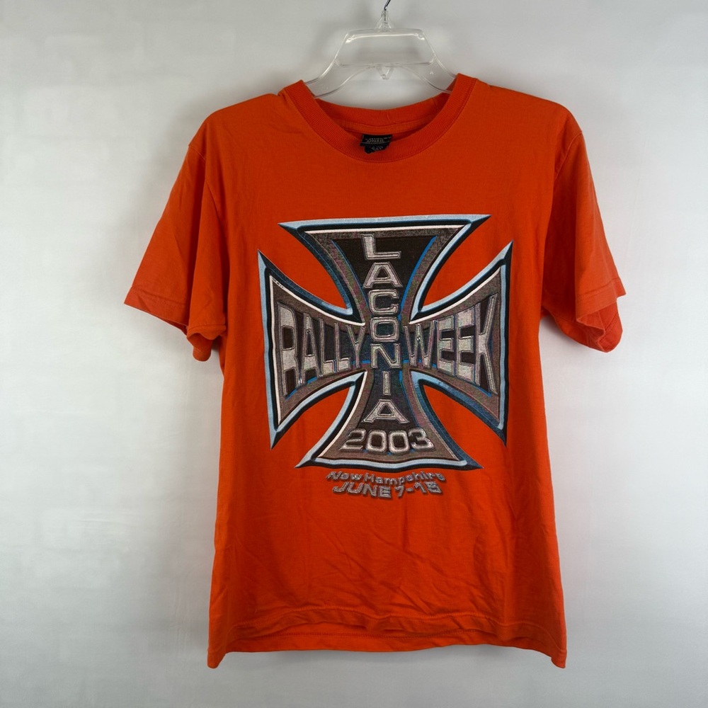 Vintage Laconia Rally Week 2003 Short Sleeve Tee Shirt Size Medium‎ Orange Men’s